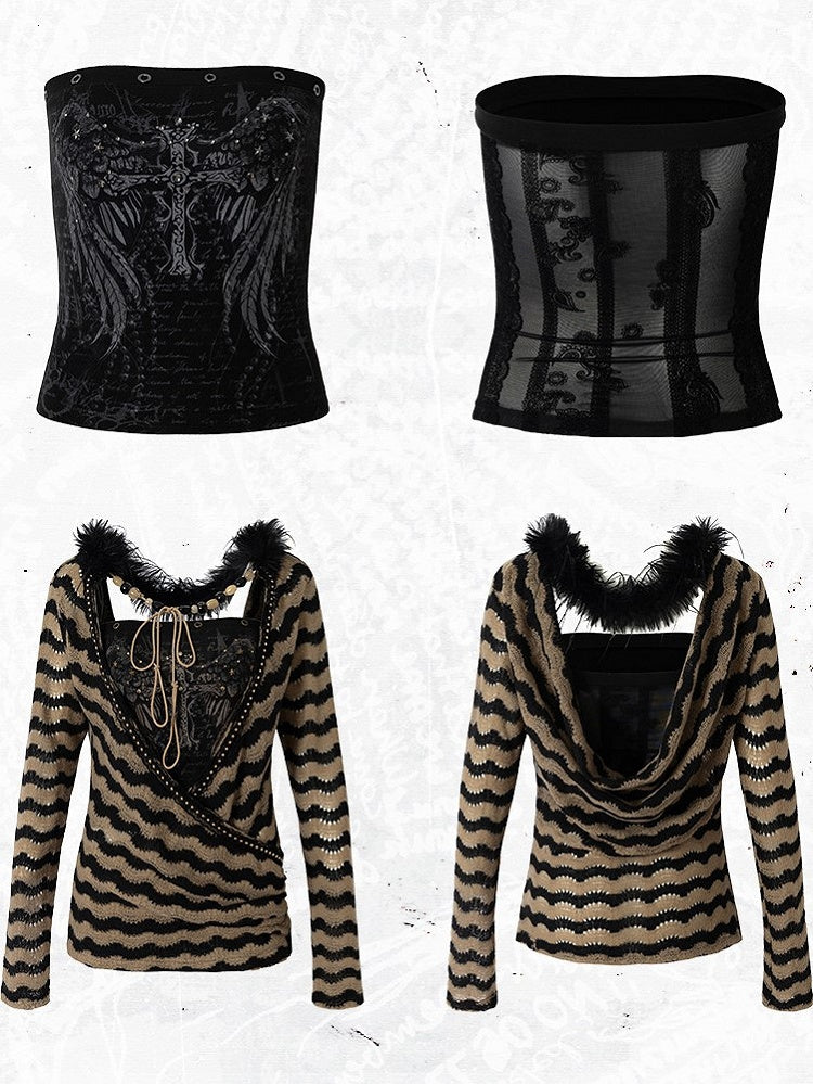 Bustier-Set-Top Braun Strick Gestreift Dekonstruiert Flügel Schwarz Print