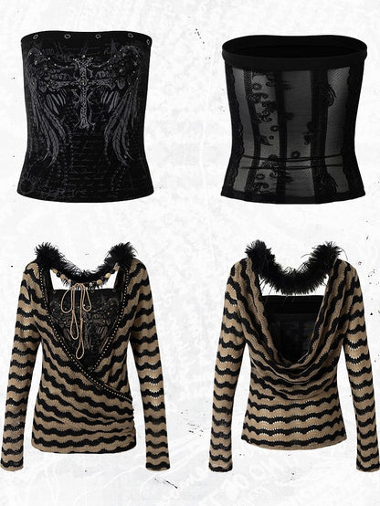Bustier-Set-Top Braun Strick Gestreift Dekonstruiert Flügel Schwarz Print