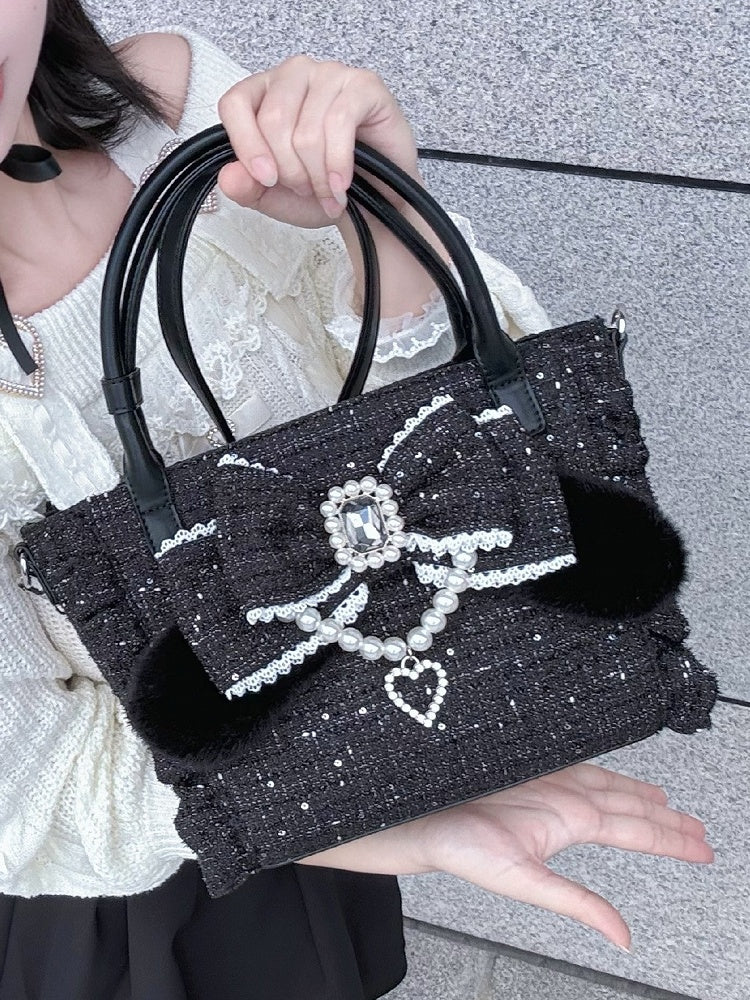 Embellishment Bunny Bow - Beaded Plush Elegant Black with Detachable Rhinestone Chain Decor Lolita Ruffled-Edge Bag Ear