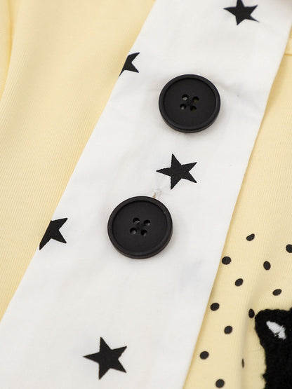Halter Top with Kitten Embroidery & Polka Dots, Yellow, Short Sleeve - Languid Park