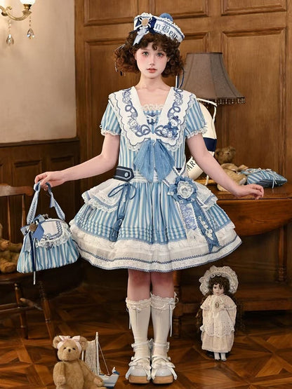 Light Blue Striped Low Waist Sailor Dress with Embroidery - Twin Bear Original Design