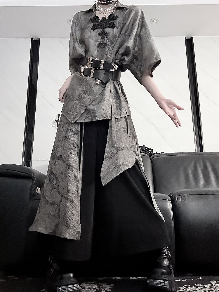 Shirt Plum Short Style Blossom Cheongsam Self-tie Print Belt Sleeve with