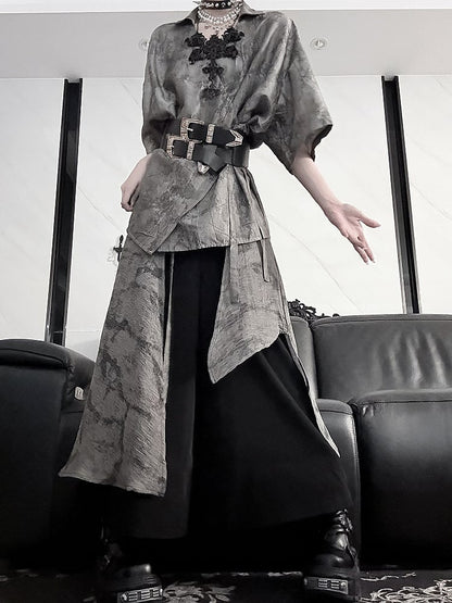 Shirt Plum Short Style Blossom Cheongsam Self-tie Print Belt Sleeve with