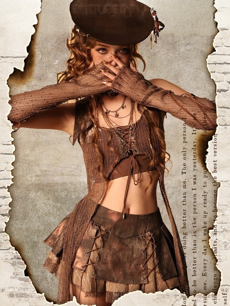 Wasteland Brown Cardigan with Sheer Mesh Cutouts - Virtual Orbit
