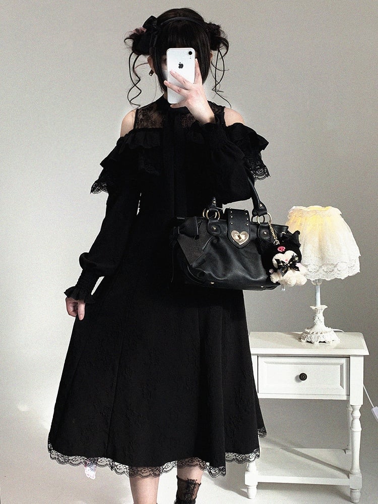 Dress Shoulder Kei with Jacquard Long-Sleeve Rose and Lace Cutout Ruffled Black Jirai Bow