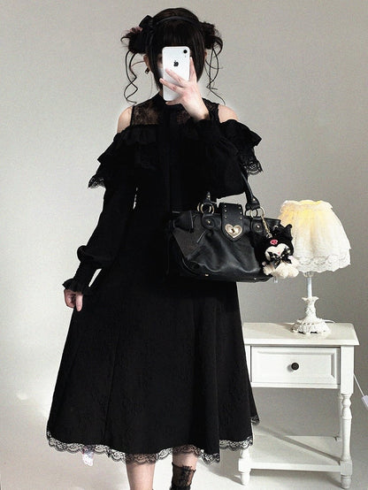 Dress Shoulder Kei with Jacquard Long-Sleeve Rose and Lace Cutout Ruffled Black Jirai Bow