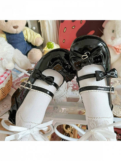 Black PU Kawaii Lolita Shoes with Heart Buckles & Bowknot at Back - Moon Baby Diary