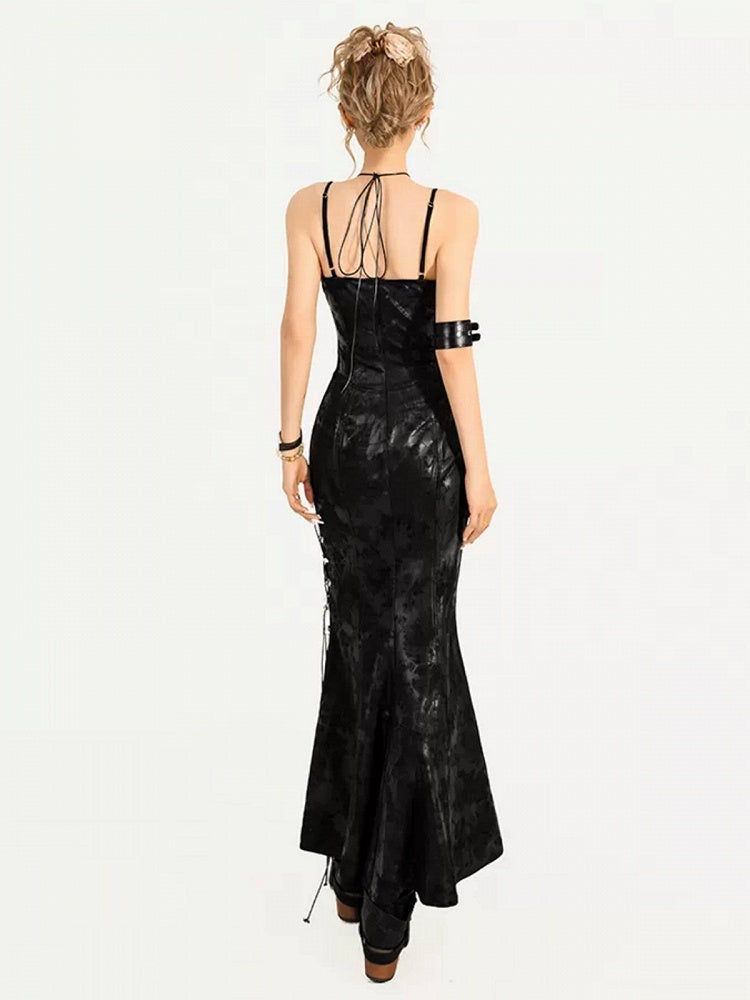 Black V-Neck Sleeveless Lace-Up Gothic Dress