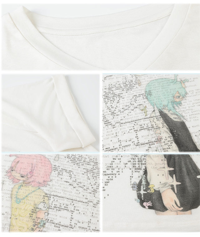 Green/Pink Anime Girl Print V-neck T-shirt