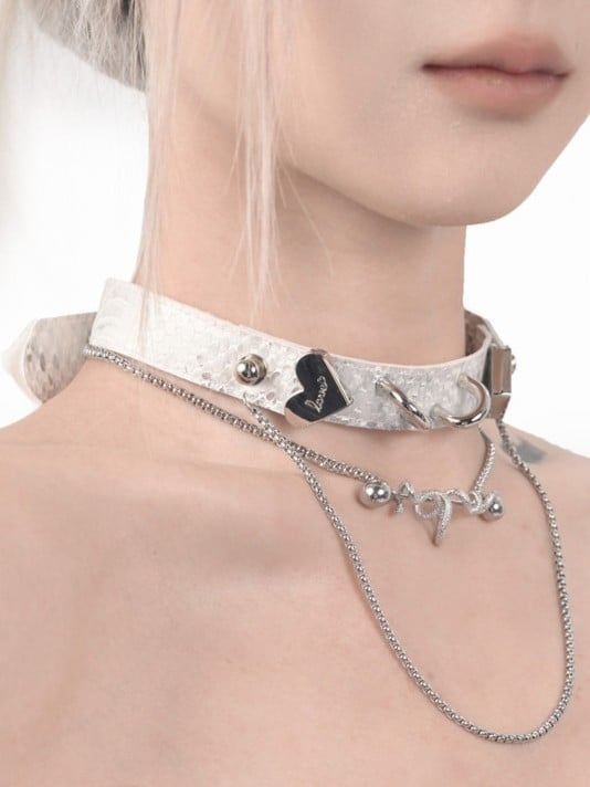 and Punk Heart-shaped Decorated White Choker Snake