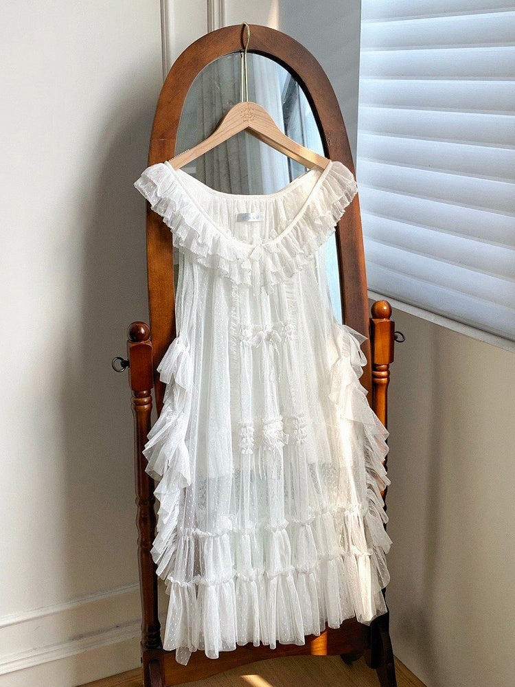 White Tulle Trim and Bow House Overdress Ruffle Pink Details Style Dots