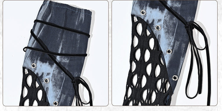 Patchwork Mesh Sleeves Punk Rock Blue Tie Dye Edgy - Virtual Orbit