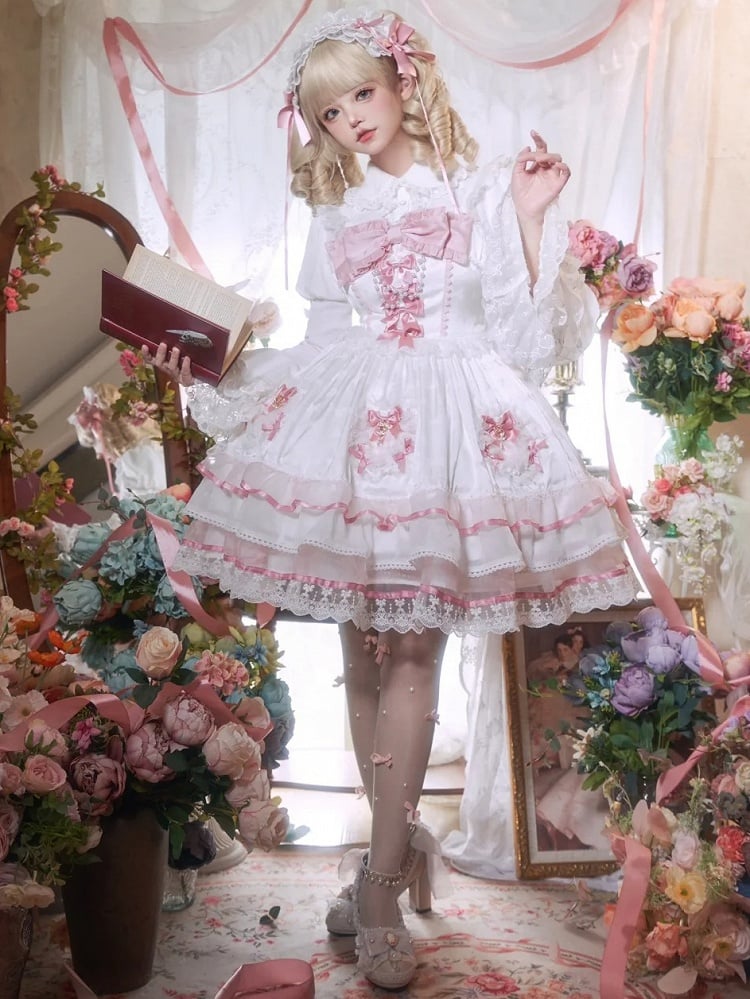 White and Pink Bowknot Details Tiered Skirt Sweet Lolita Dress Jumper Skirt