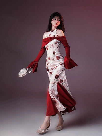 Elegant Long Fish Tail Dress with Rose Print & Cutout Shoulder - sijinstudio