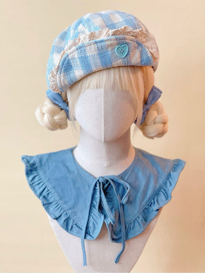 Heart-Shaped Button Hat Lace Blue Beret with Trim Plaid White