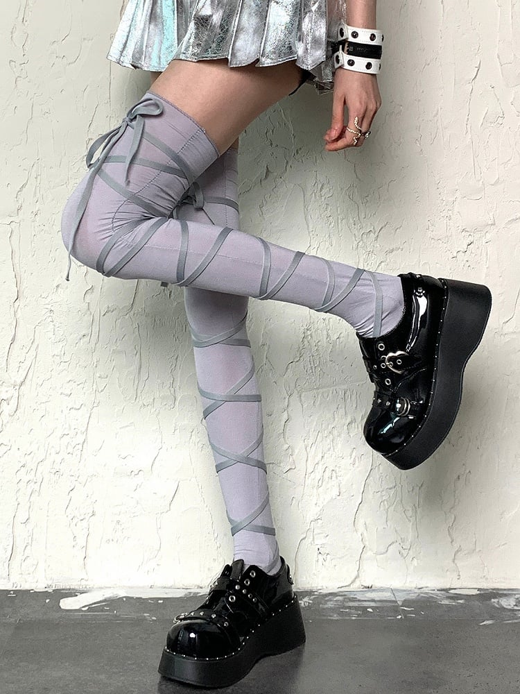 Crisscross Overknee Selbstbindende Strümpfe Straps Weiß/Schwarz/Grau