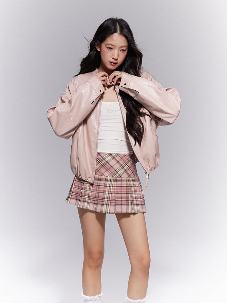 Plaid Lined Pleat Preppy Zipper Style Side Box A-Line Silhouette Pink with Skirt Mini