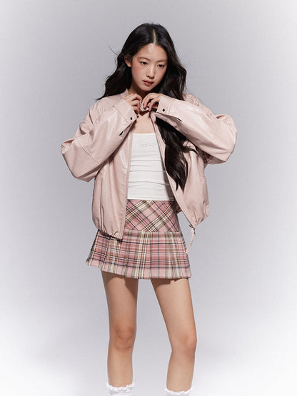 Plaid Lined Pleat Preppy Zipper Style Side Box A-Line Silhouette Pink with Skirt Mini