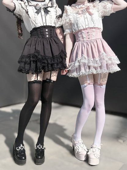 Pink Landmine Style Lace Trim High-Waist Skirt - Virtual Paradise