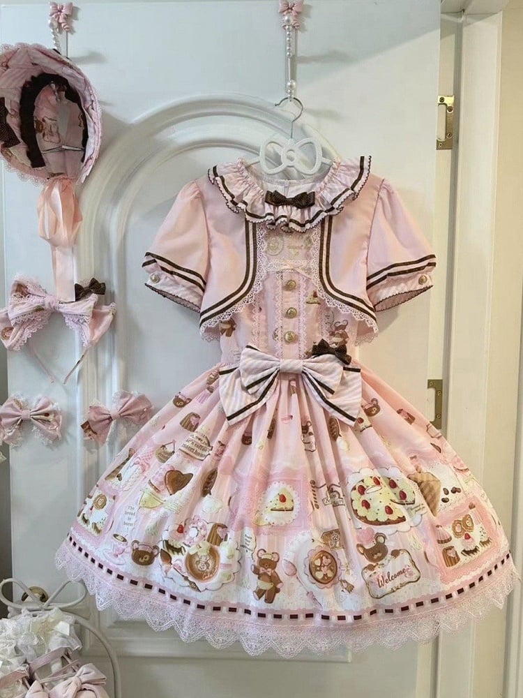 Zweiteiliges Thema Fake Desserts Bärenkleid Pink Lolita Sweet Print Design
