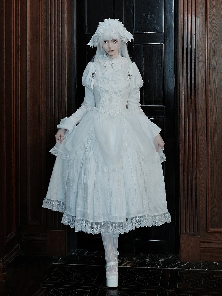 Lolita Drawstring Sleeves Ruffle Gothic Juliette Overlay Dress White Neckline with