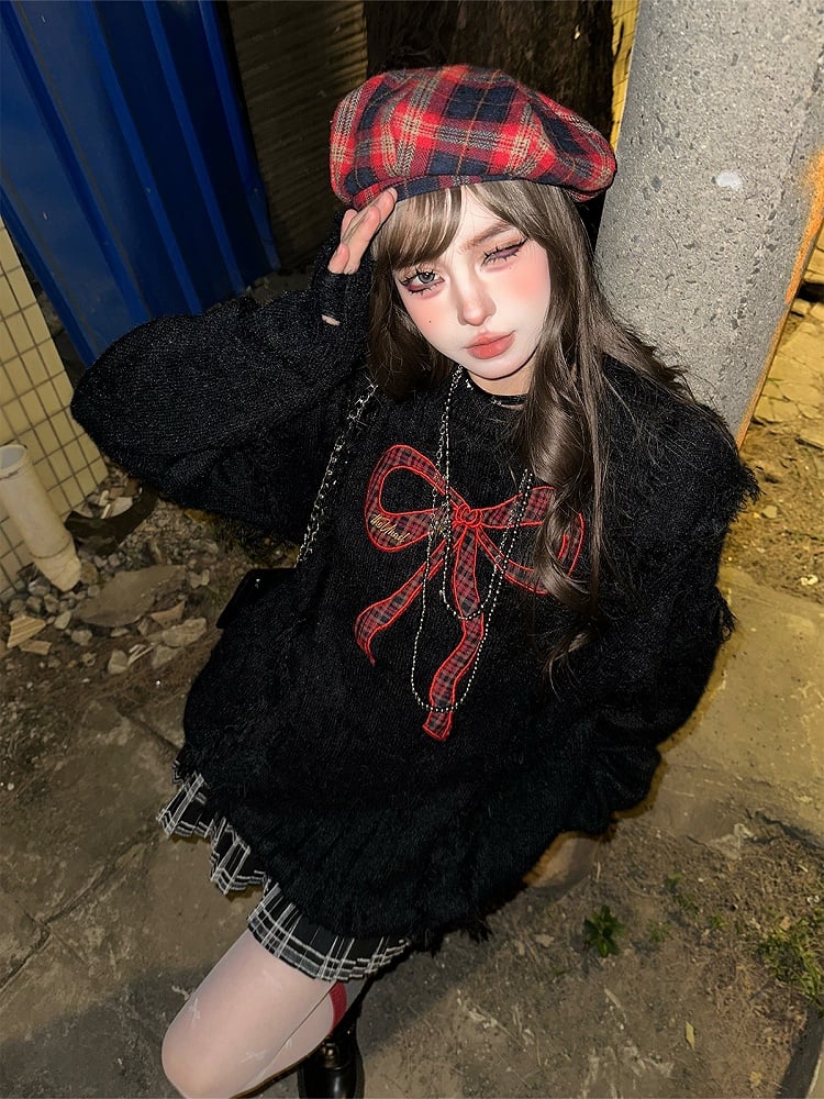 Bittersweet Kawaii Black Distressed Sweater with Red Plaid Bow Embroidery