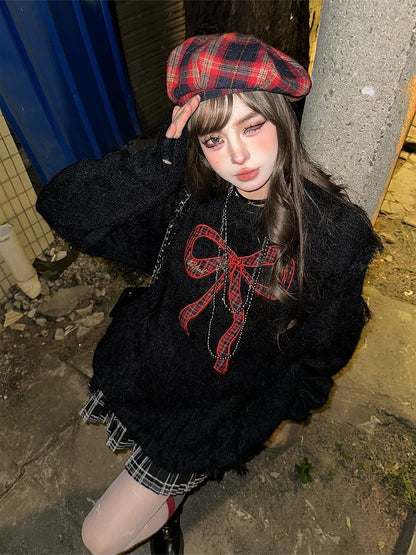 Bittersweet Kawaii Black Distressed Sweater with Red Plaid Bow Embroidery