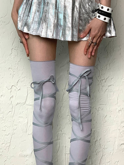 Crisscross Overknee Selbstbindende Strümpfe Straps Weiß/Schwarz/Grau