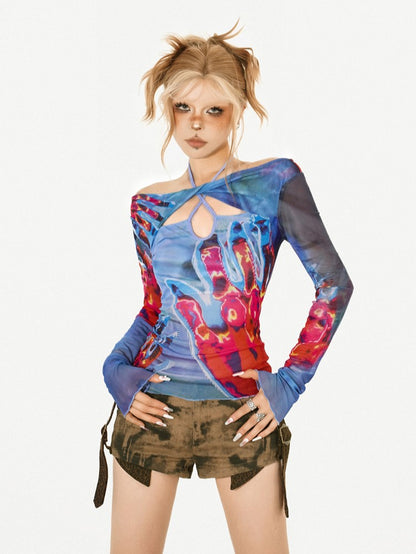 Top Cross Halter with Cutouts Abstract Print Off-Shoulder Blue