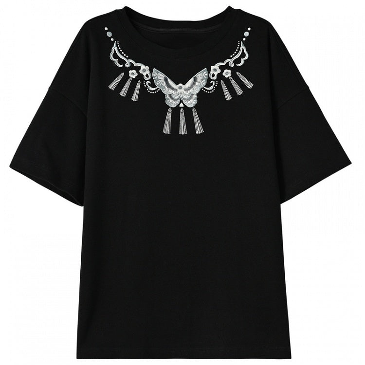Black Round Butterfly Embroidery Cheongsam Style T-Shirt Neck