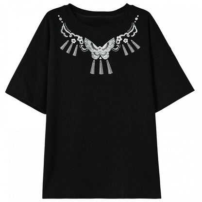 Black Round Butterfly Embroidery Cheongsam Style T-Shirt Neck
