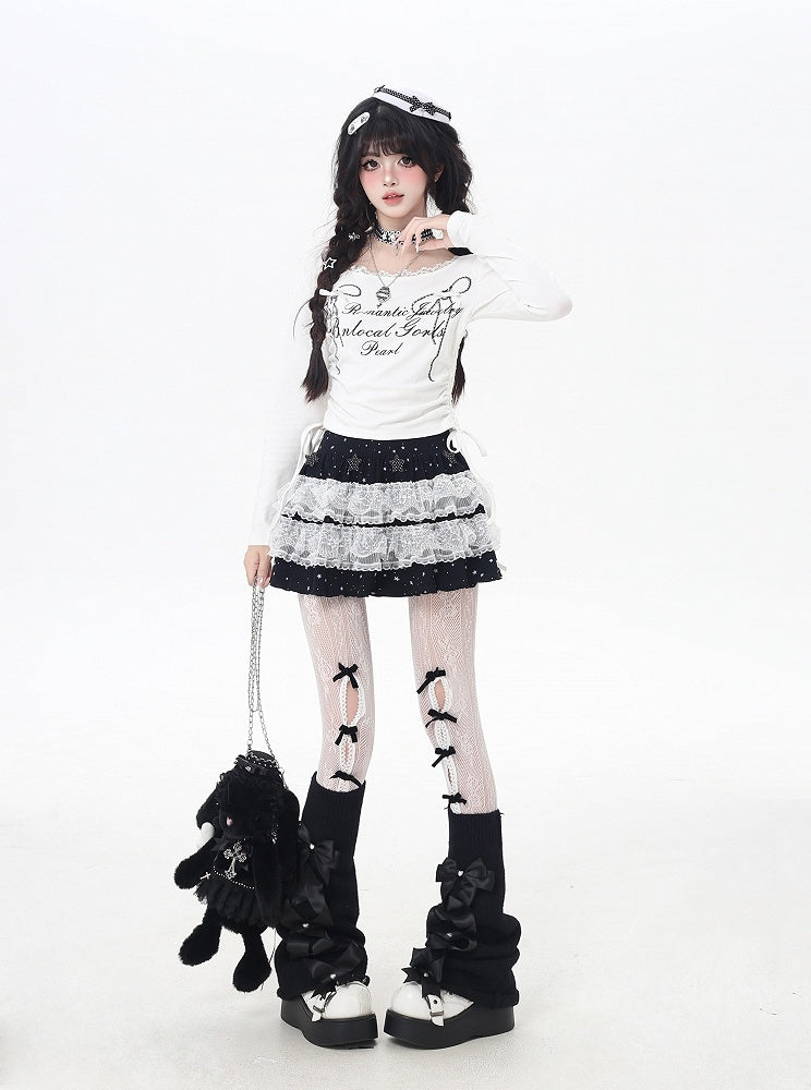 リボンプリントレースのスイートトップトリム、ドローストリングウエスト、ホワイト/ブラック