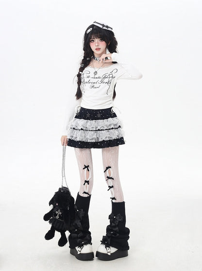 リボンプリントレースのスイートトップトリム、ドローストリングウエスト、ホワイト/ブラック