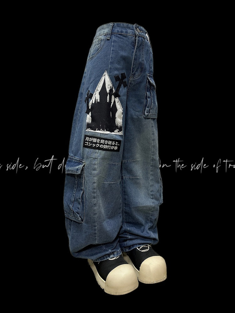 デコレーションカットジーンズ カーゴ Y2K レターポケット ブルー ワイドレッグ アップリケ