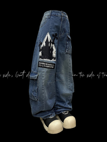 デコレーションカットジーンズ カーゴ Y2K レターポケット ブルー ワイドレッグ アップリケ