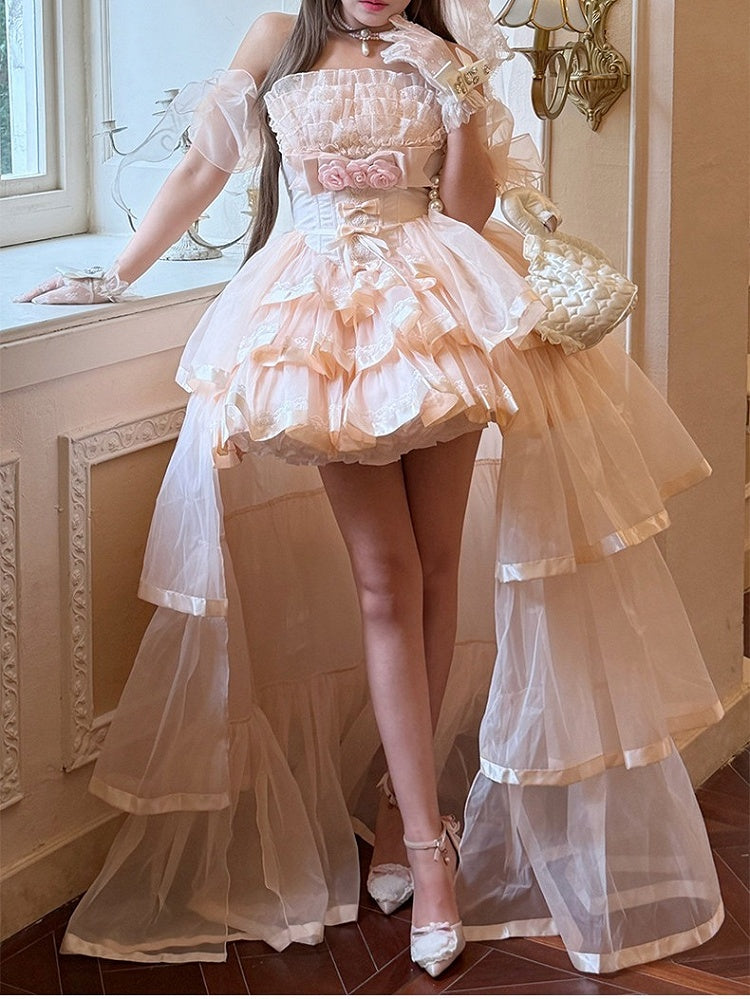 Pink Romantic Lolita Jumper Dress with Train and Sleeves - Diamond Honey