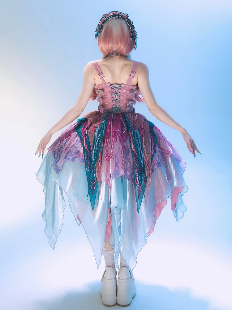 Embroidery Pink Bodice Print Biochemical Ribs Layered Handkerchief Lolita Spider Hem Dress