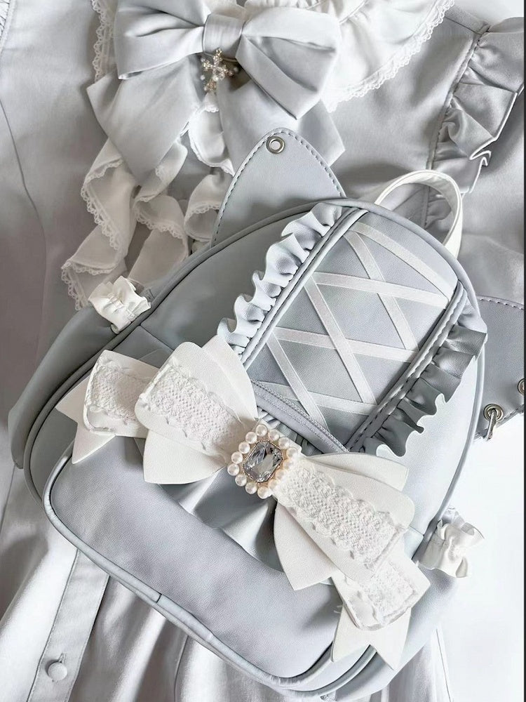 Jirai Kei Blue Cat Ear Backpack With Beaded and Rhinestone Bow Light