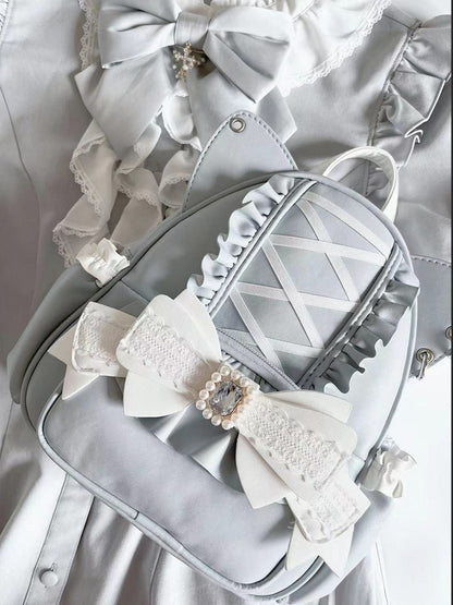 Jirai Kei Blue Cat Ear Backpack With Beaded and Rhinestone Bow Light