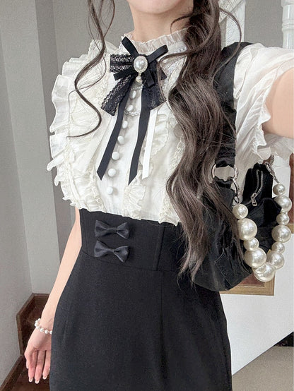 2つのフェイクドレススカートデザインウエストピースマーメイドボーンとブラックロリータブラウスベージュエレガント