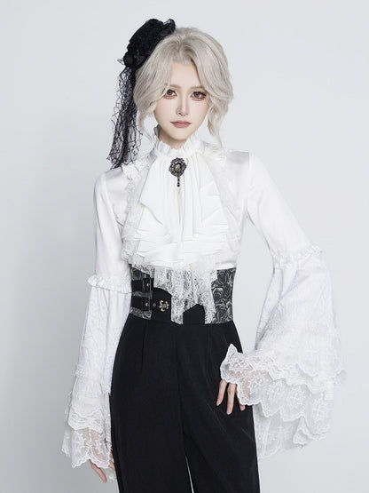 White Bell-Sleeve Shirt with Lace Patched Flounce Neck - DevilInspired Exclusive Collection