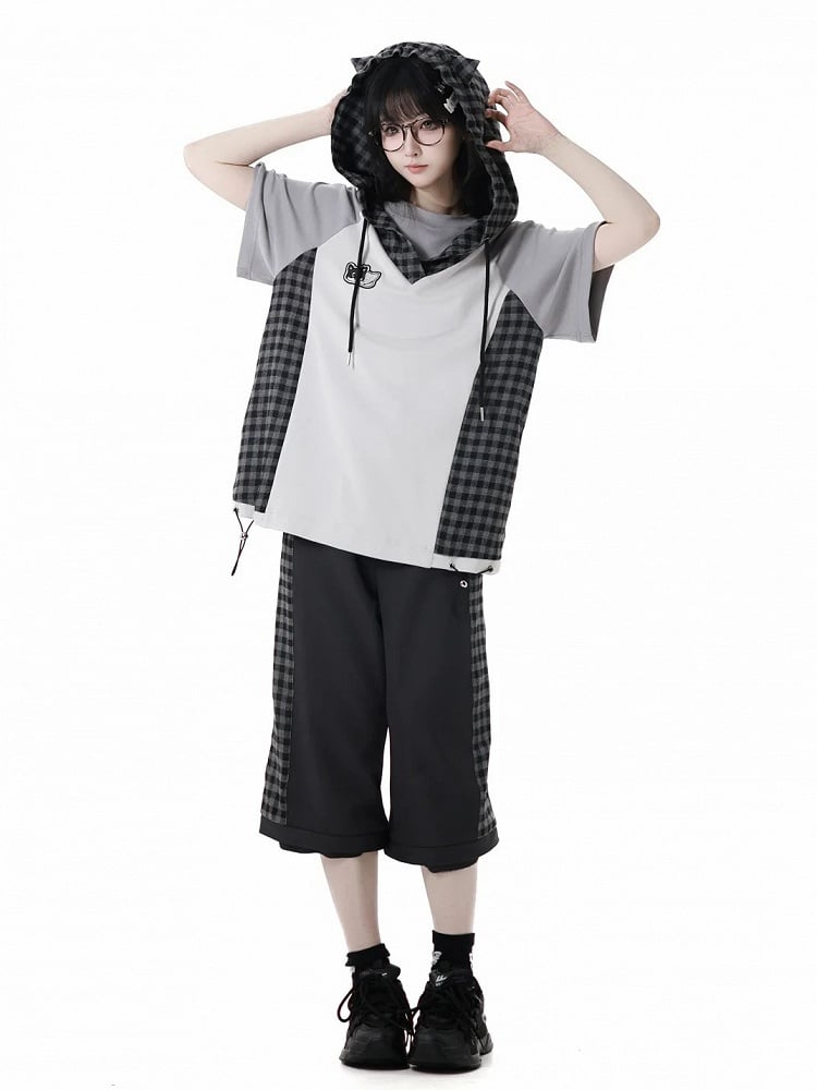 Techwear T-Shirt Plaid Patchwork Design Wolf Stickerei Wolf Ohren Kapuze Grau