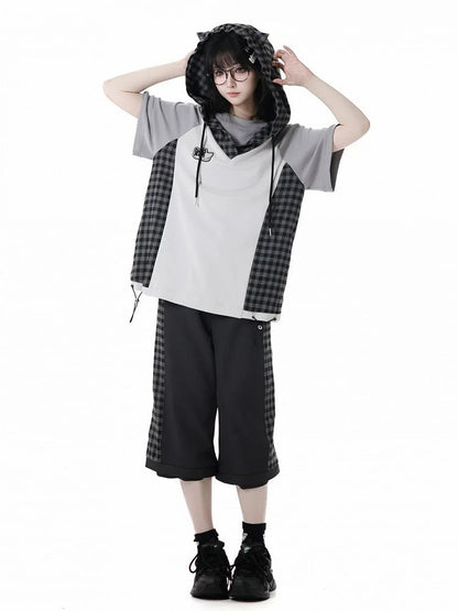 Techwear T-Shirt Plaid Patchwork Design Wolf Stickerei Wolf Ohren Kapuze Grau