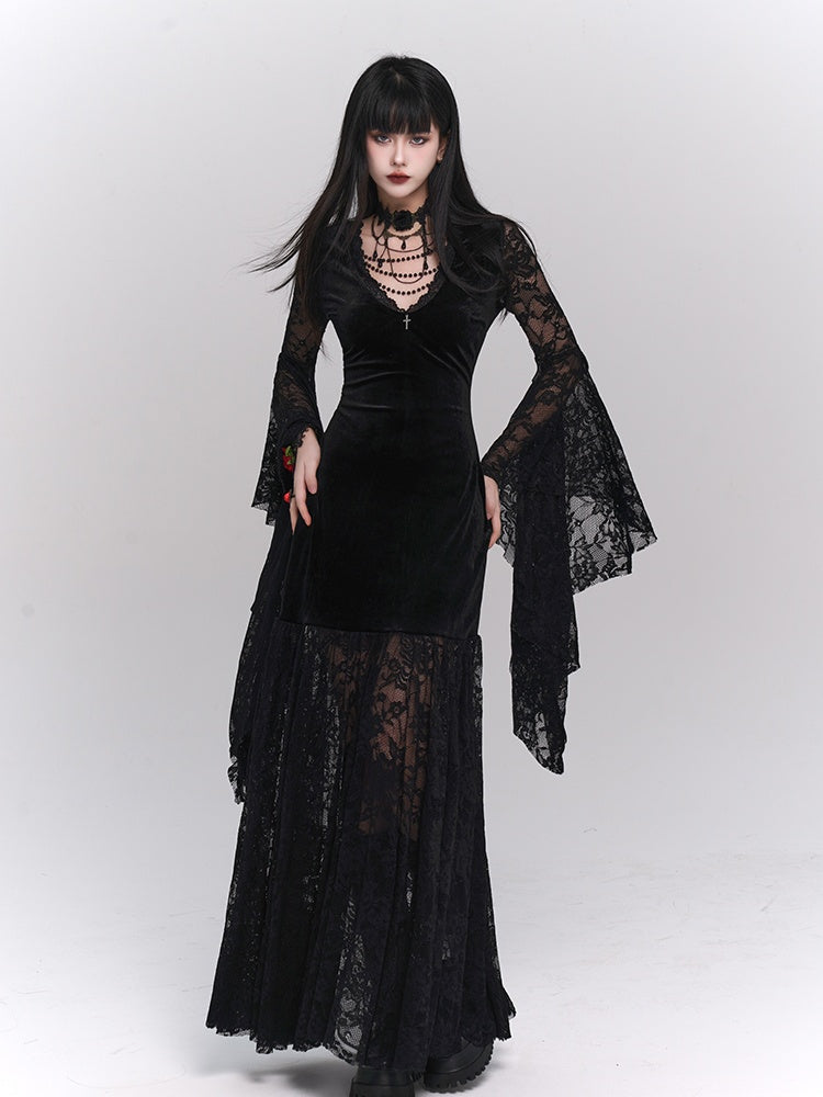 Gothic Black Velvet Bell Sleeves V-Neck Lace Dress