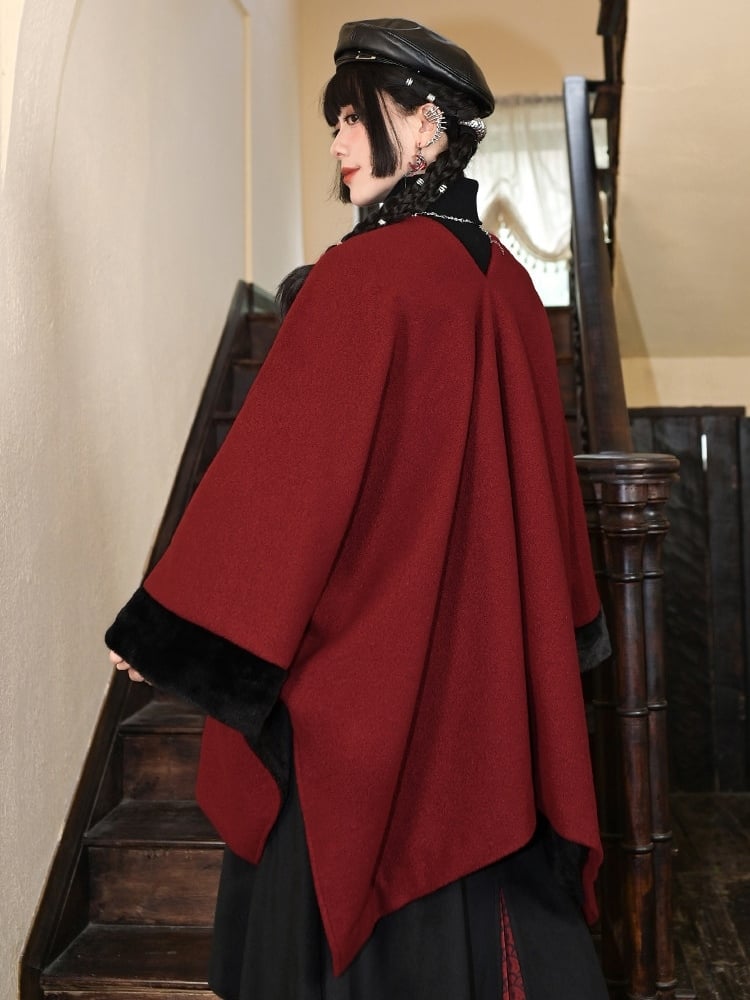 Embellished - Year Red Coat Cuffs Placket Button Plush Sleeve New Tassel Cape