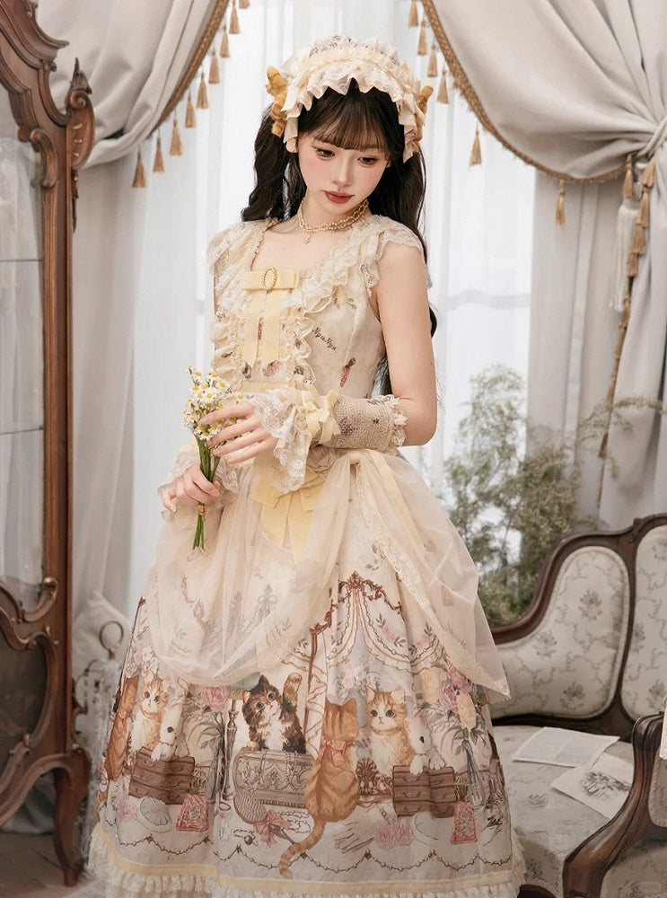 Beige Cat Print Lace Ruffles Sweet Lolita JSK Dress with Drawstring Overlay - NyaNya