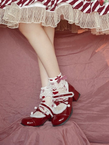 Lining Mary Bow - Sweet Pompom Lolita PU Plush with Wine Janes Mid-heel Accented Red
