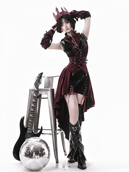 Lolita + Shorts Punk Top Skirt Full High-low Red and Set Black Sleeves Overall Sleeveless - Idol