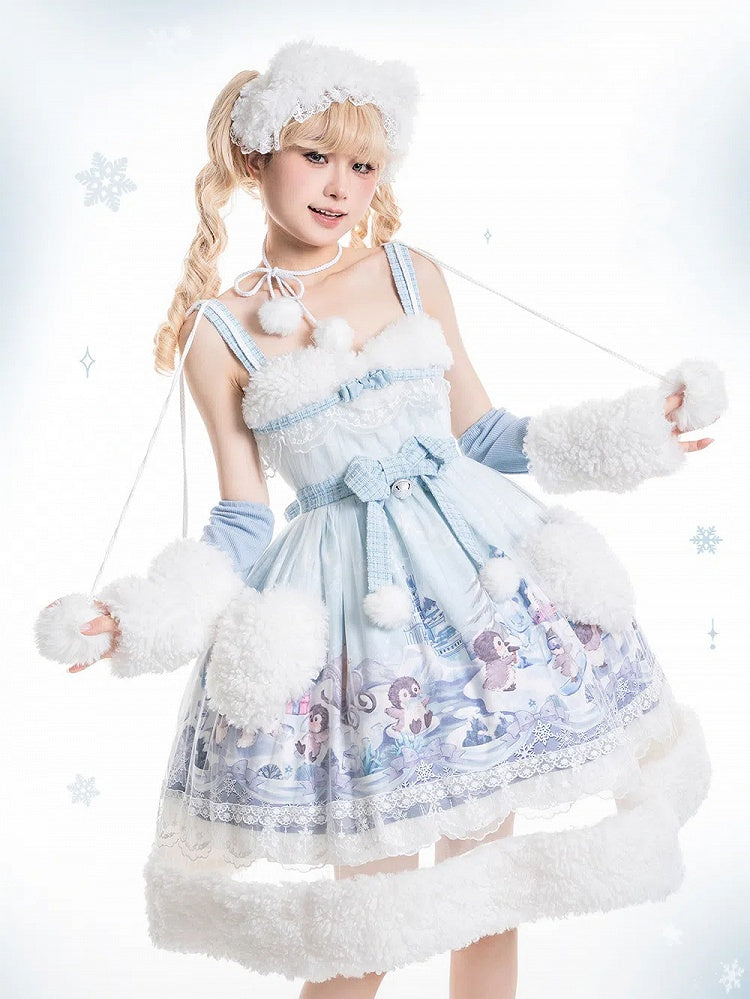 Sweet Winter High Waist Lolita JSK with Blue Penguin Print - Lineall Cat
