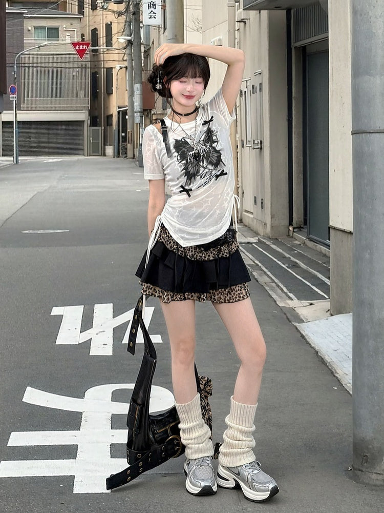 Butterfly Y2K White Semi-sheer PU Print Buckle T-shirt Waist Drawstring Strap Glamorous